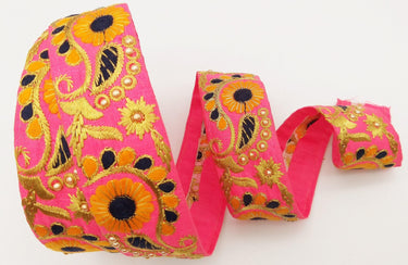 Pink Art Silk Lace Trim, Floral Embroidery in Orange, Black and Gold